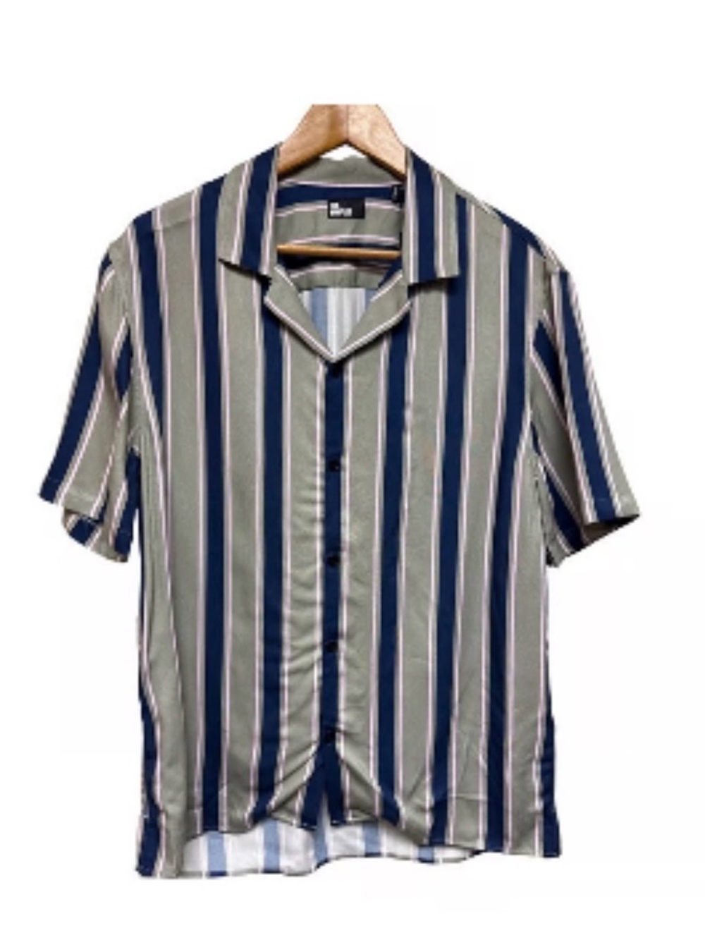The Kooples Vertical Stripe Short-Sleeve Shirt in Navy & Olive $225 nice fabric - Picture 5 of 8